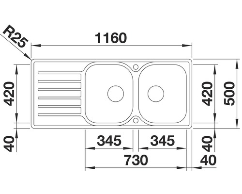 Schets van een spoelbak met afdruiprek en afmetingen van de wasbak