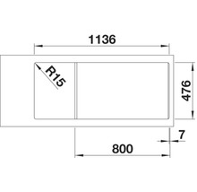 Technische tekening van een spoelbak met maatvoering