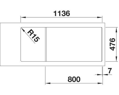 Technische tekening van een spoelbak met maatvoering