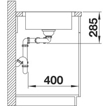 Technische tekening van een spoelbak met sifon en afmetingen