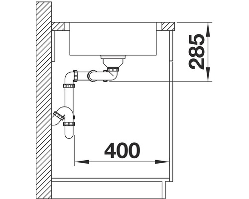 Technische tekening van een spoelbak met sifon en afmetingen