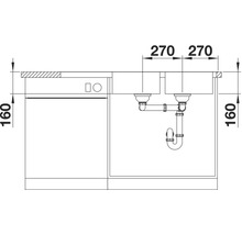Technische tekening van een spoelbakonderkast met twee spoelbakken en maatvoering