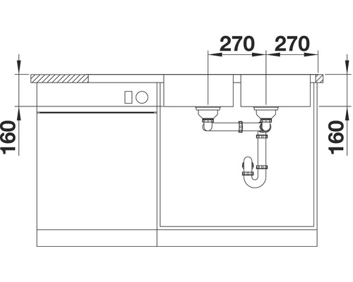 Technische tekening van een spoelbakonderkast met twee spoelbakken en maatvoering