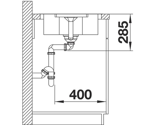 Schema van een spoelbak met sifon en maatvoering