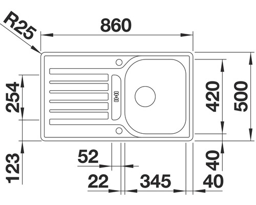 Tekening van een spoelbak met afmetingen.