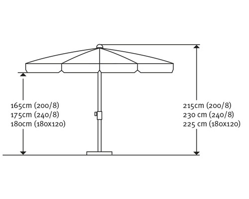 Technische tekening van een parasol met hoogte-indicaties