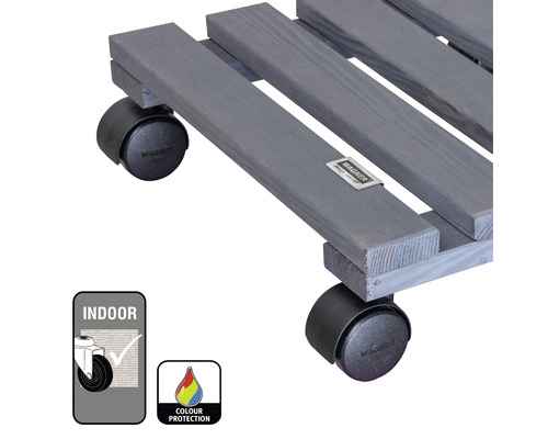 Plantenroller van hout met wielen en het symbool voor gebruik binnenshuis en kleurbescherming.