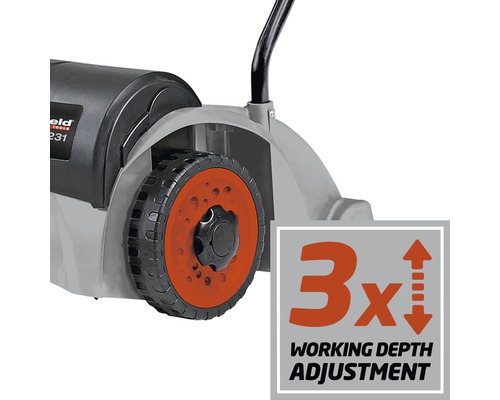 Detailweergave van een gazonbeluchter met drievoudige werkdiepte-instelling