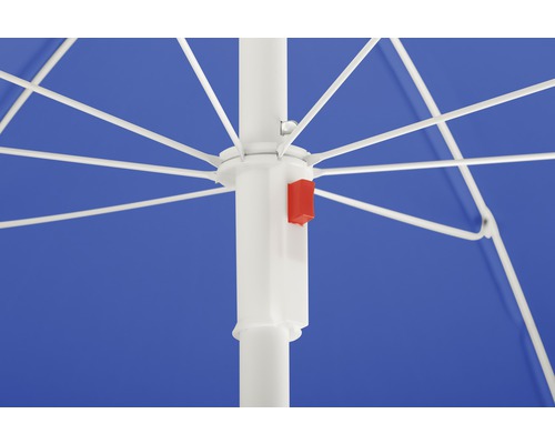 Gedetailleerde weergave van een parasol met wit frame en blauwe bekleding