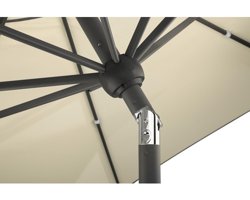 Gedetailleerde weergave van een parasol met stutten, mast en mechanisme