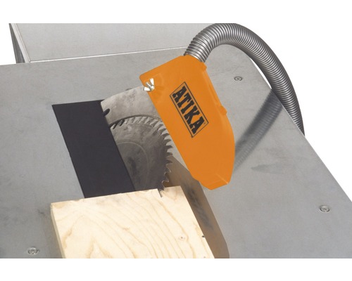 Atika tafelzaag met beschermkap en stuk hout
