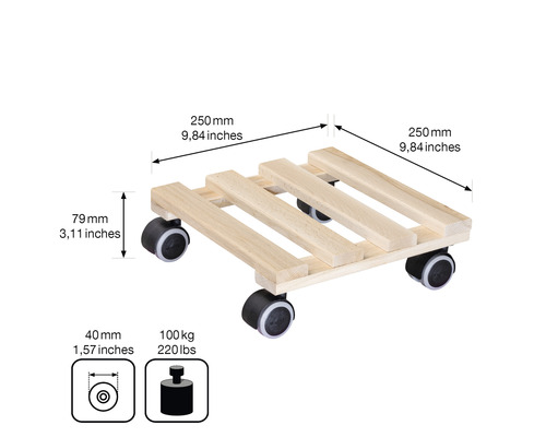 Houten plantenroller met afmetingen van 250 x 250 millimeter en een maximaal draagvermogen van 100 kilogram.