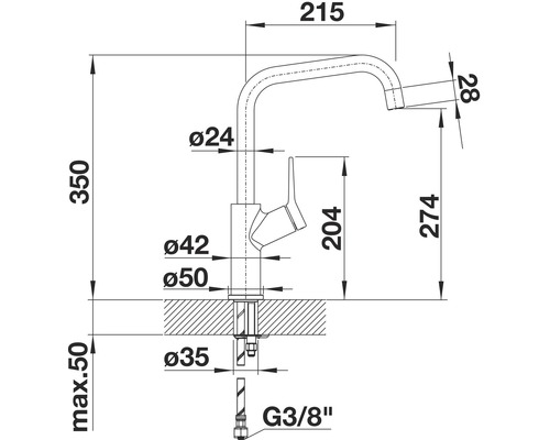 Maatschets van een kraan met de afmetingen voor hoogte, uitloop en diameter