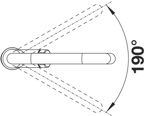 Illustratie van het zwenkbereik van 190 graden van een deurklink