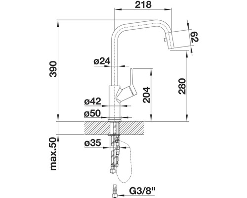 Technische tekening van een keukenkraan met afmetingen