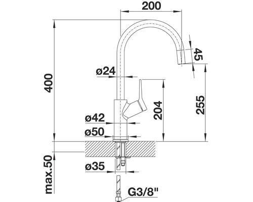 Technische tekening van een keukenkraan met afmetingen.