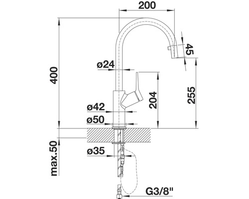 Technische tekening van een keukenkraan met maatvoering