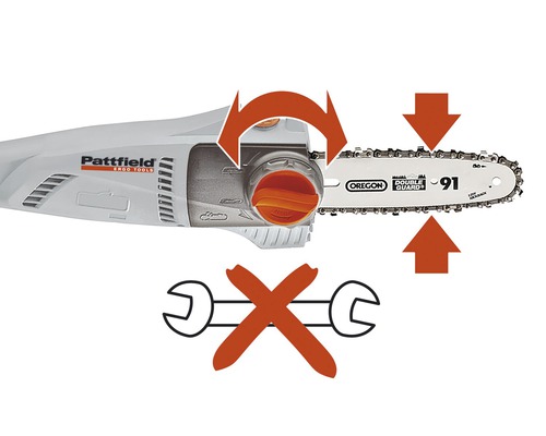 Afbeelding van een kettingzaag met symbolen voor het zonder gereedschap spannen van de ketting