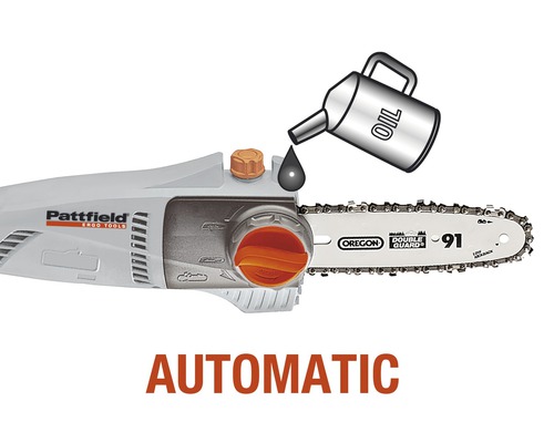 Automatische kettingzaag met illustratie van een oliekan