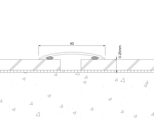 Schets van een overgangsprofiel met de afmetingen 40 mm breed en 0 tot 25 mm hoog.