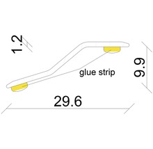 Diagram van een sierlijst met de afmetingen 1,2, 6,6 en 29,6 en een plakstrip