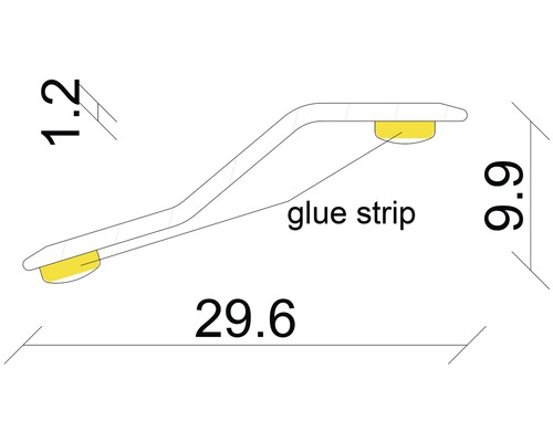 Diagram van een sierlijst met de afmetingen 1,2, 6,6 en 29,6 en een plakstrip
