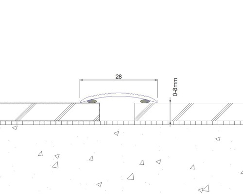 Schema van een dilatatievoegafdekking met een breedte van 28 millimeter en een hoogte van 0 tot 8 millimeter