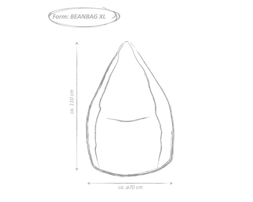 Schets van een zitzak in XL-formaat met afmetingen van circa 110 cm hoog en circa 70 cm diameter