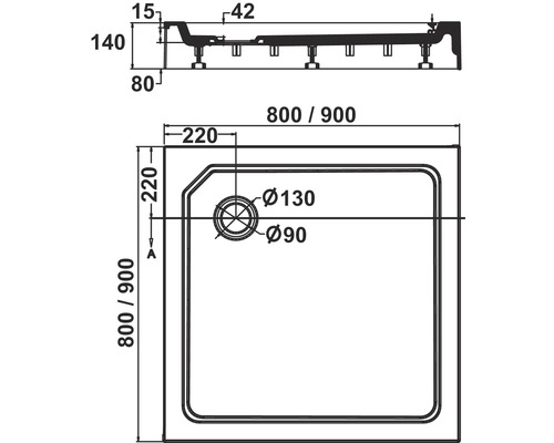 Technische tekening van een douchebak met maatvoering