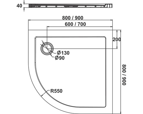 Technische tekening van een douchebak met afmetingen
