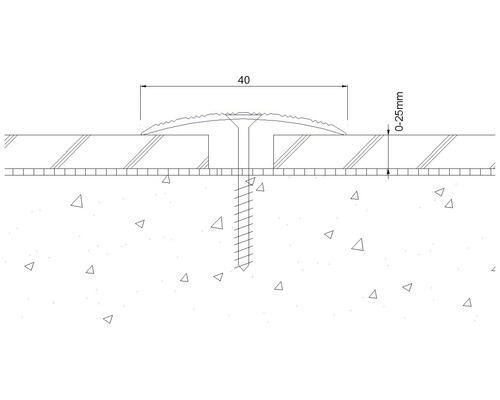 Illustratie van een overgangsprofiel met schroef en maatgegevens 40 millimeter en 0 tot 25 millimeter.