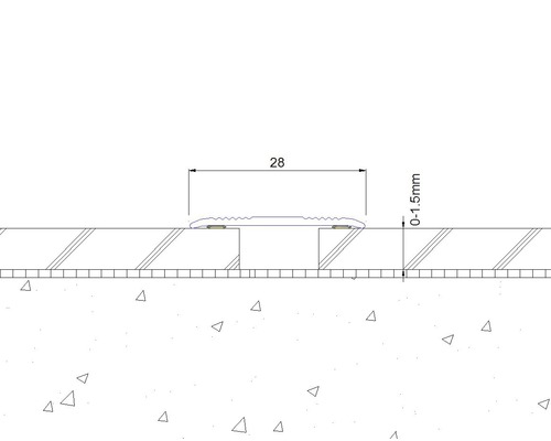 Technische tekening van een vloerprofiel met een breedte van 28 millimeter en een hoogte van 0 tot 1,5 millimeter