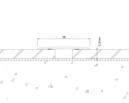 Tekening van een vloerprofiel met de afmetingen 38 millimeter breed en 0 tot 2 millimeter hoog