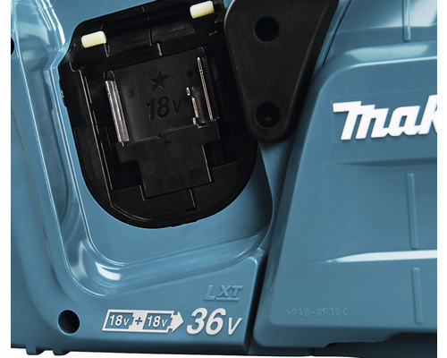 Makita logo op een accukettingzaag met 36 volt batterijcompartiment