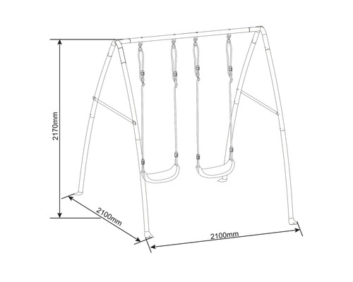 Tekening van een dubbele schommel met afmetingen van 2170 mm hoog en 2100 mm breed.