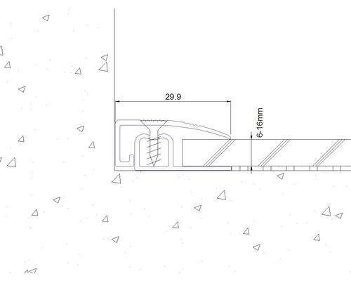 Technische tekening van een overgangsprofiel met de afmetingen 29,9 millimeter en 6 tot 16 millimeter.