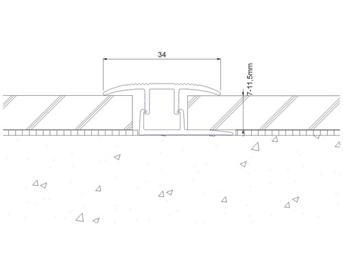 Tekening van een overgangsprofiel met afmetingen van 34 millimeter breed en 7 tot 11,5 millimeter hoog