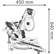 Illustratie van een afkort- en verstekzaag met afmetingen van 450 mm breed en 640 mm hoog.
