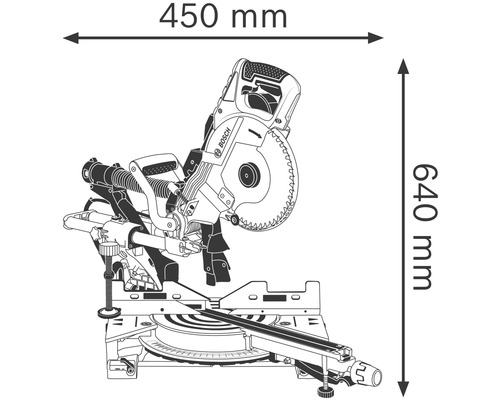 Illustratie van een afkort- en verstekzaag met afmetingen van 450 mm breed en 640 mm hoog.