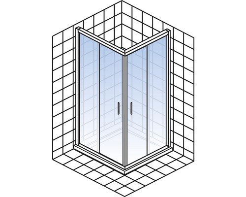 Hoekdouche met twee deuren en vierkante tegels op wand en vloer