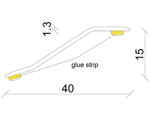 Technische tekening van een sierlijst met plakstrip en maatgegevens