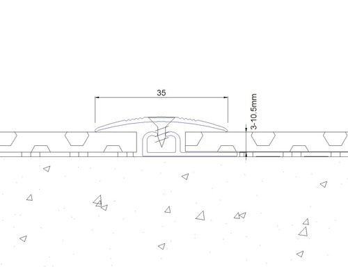 Tekening van een overgangsprofiel met een breedte van 35 millimeter en een hoogte van 3 tot 10,5 millimeter