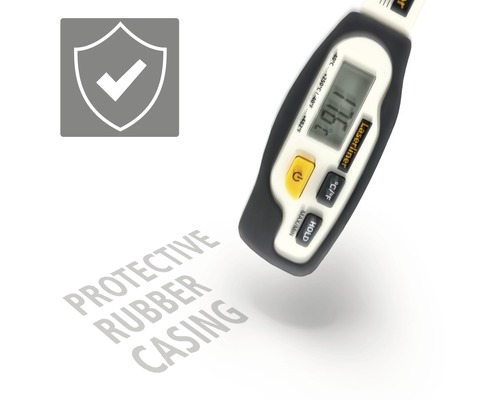 Laserliner logo, schild symbool en temperatuurmeter met rubber beschermhoes