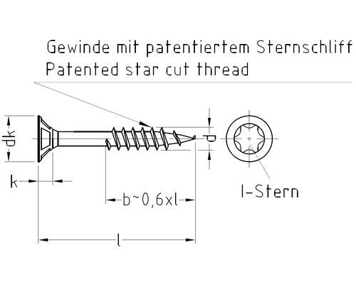 Technische tekening van een schroef met gepatenteerde sterslijping