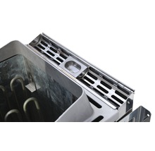 Gedetailleerde weergave van een metalen saunakachel met waterreservoir