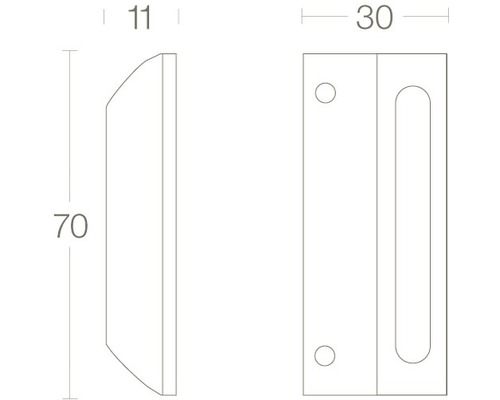 Technische tekening van een deurklink met afmetingen 70 x 30 x 11 millimeter