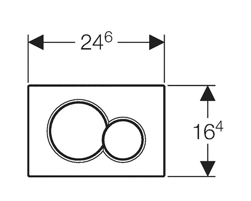 Maattekening van een bedieningspaneel met twee knoppen en maatvoering