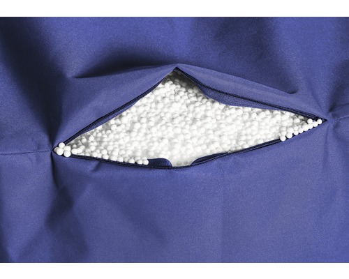 Blauwe zitzakhoes met ritssluiting en vulling van polystyreen balletjes