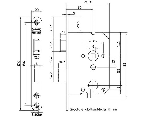 Technische tekening van een deurslot met afmetingen
