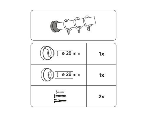 Afbeelding van een gordijnroede met accessoires voor wandmontage, diameter 28 millimeter